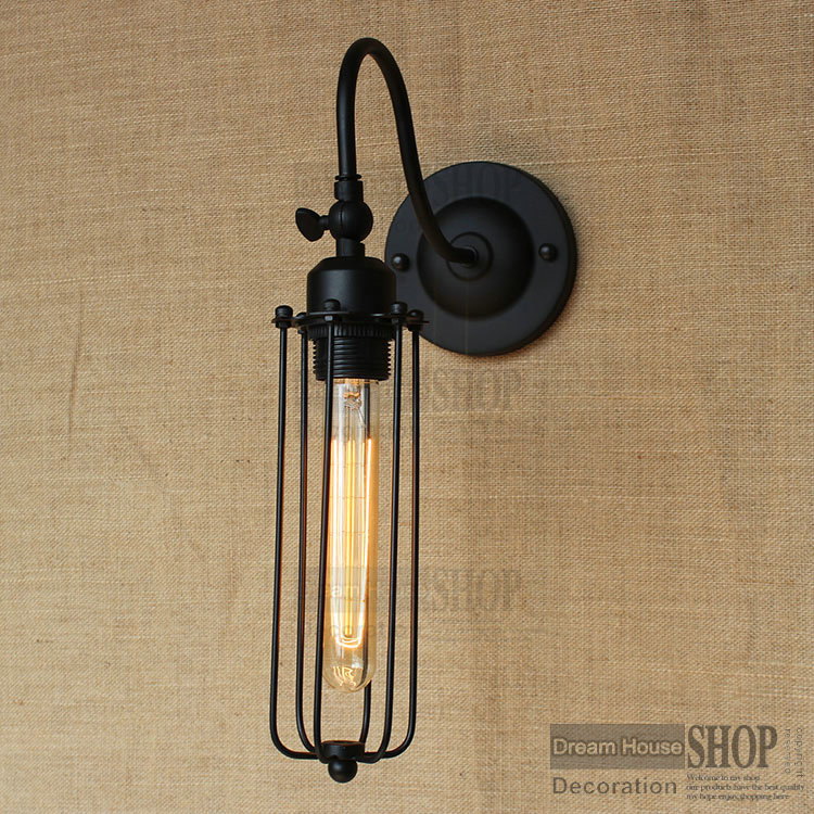iron cage black shade wall lamp for balcony rh adjustable industrial 110v/220v bulbs retro vintage lamp shade