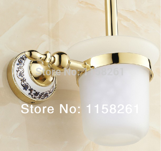 blue & white porcelain bathroom accessories brass gold toilet brush holder,bathroom products construction-st-3394