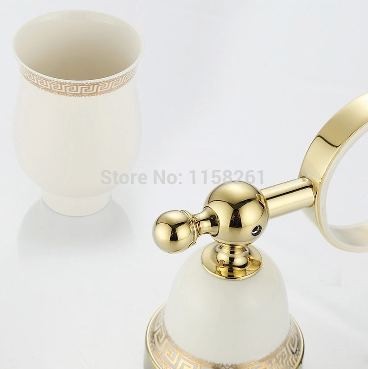 luxury golden plated finish toilet brush holder with ceramic cup/ household products bath decoration bathroom accessories 5609