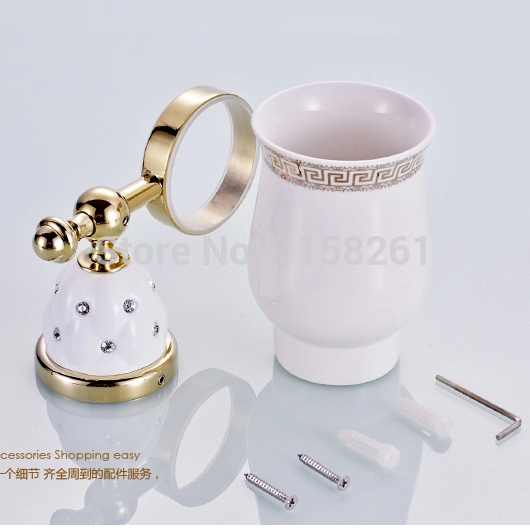 luxury golden plated finish toilet brush holder with ceramic cup/ household products bath decoration bathroom accessories5209