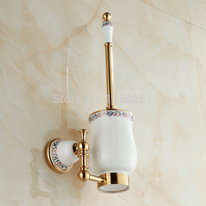 luxury toilet brush holder golden finishing solid brass base glass cup cleaning brush set xl-3313k