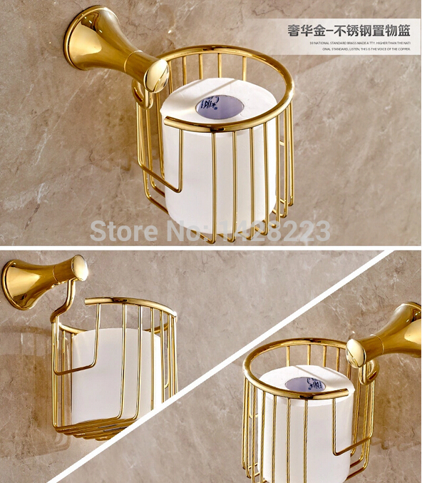 ti-pvd wall mounted brass toilet roll paper basket bathroom commodity shelf