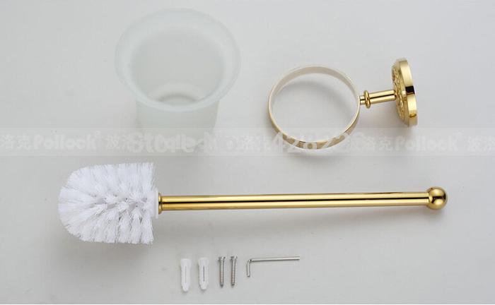 fashion wall mounted brass toilet & brush holder golden color glass cup