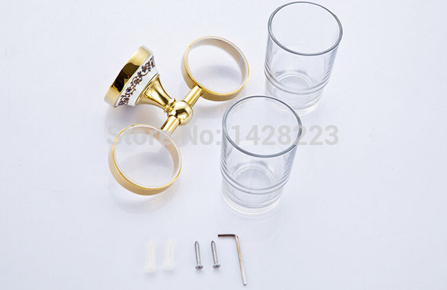 wall mounted golden bathroom double toothbrush cup holder glass gargle cup rack