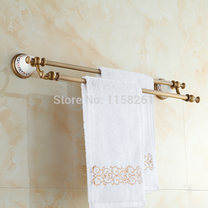 ! classic antique brass bathroom towel holder dual towel bar hanger ceramic base xl-3312f