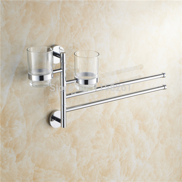 new chrome bathroom 2 towel bars with two cup holder wall mount rotatable active towel rack modern bathroom vanity kh-1078