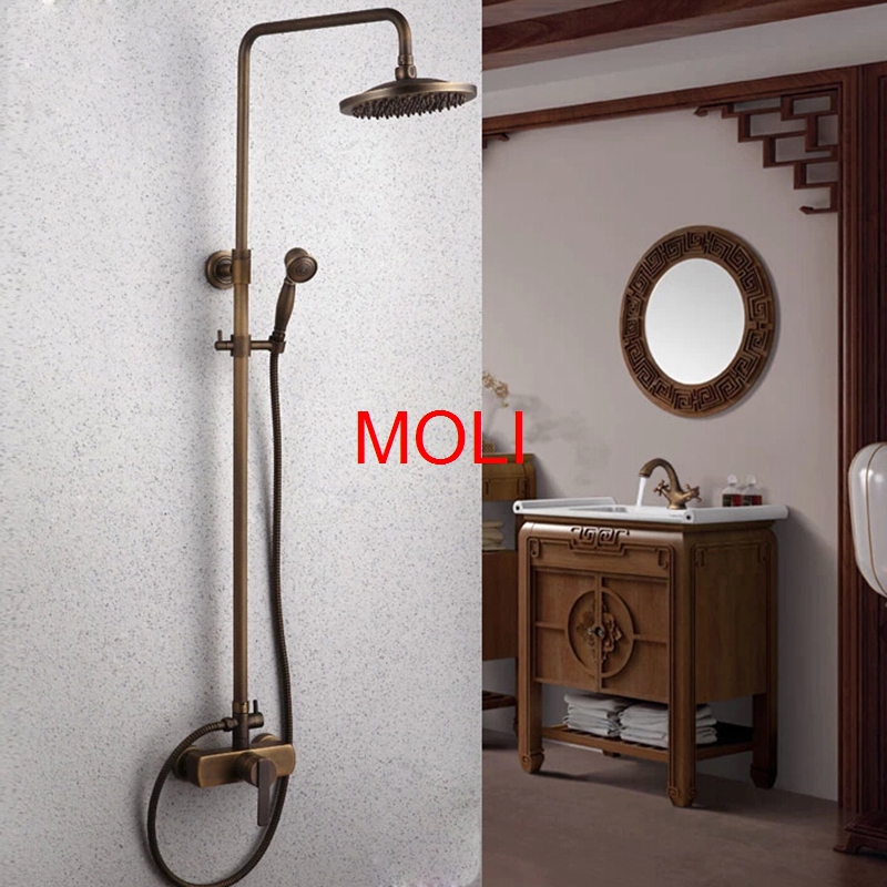 8 inch bathroom antique brass shower faucet wall mounted shower set with shower head and hand shower