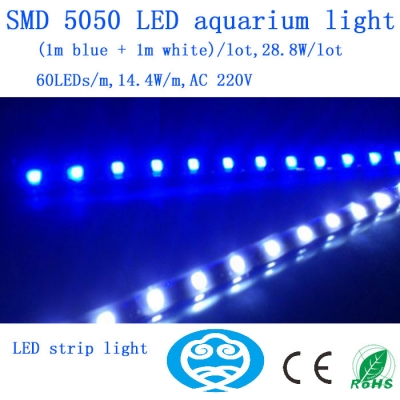 (1m blue + 1m white)/lot,28.8w/lot 220v smd 5050 led strip aquarium light ,fish tank light,for grow box system