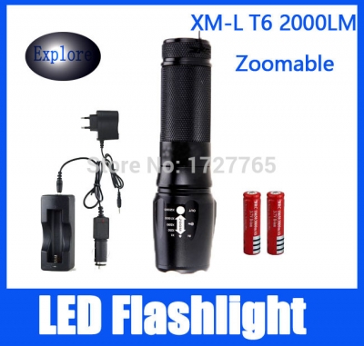 2000 lm flashlight for climb cave exploration torch 2x18650 rechargeable battery 1x power adapter 1x car charger 1 x dc charger [torch-with-battery-5845]