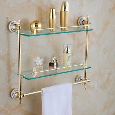 bathroom accessories solid brass golden finish with tempered glass,double glass shelf bathroom shelf st-3398b [bathroom-shelf-948]