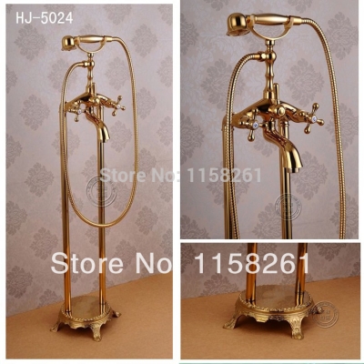 bathroom gold floor stand faucet telephone type bath and shower mixer brass shower set luxury bathtub tap hj-5024 [gold-finish-shower-set-3202]