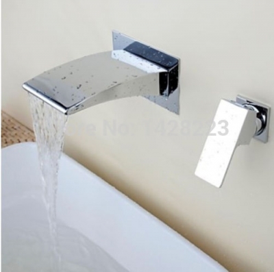 bright chrome wall mounted two holes cold basin faucet single handle bathroom waterfall spout mixer taps [chrome-1516]