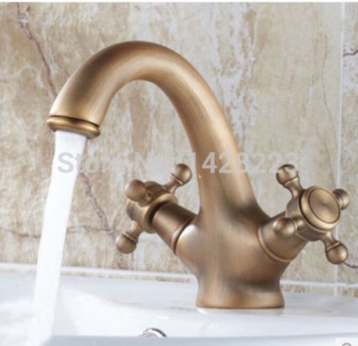deck mounted antique brass bathroom vanity sink dual cross handles basin mixer taps [antique-brass-515]