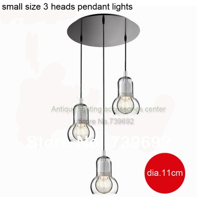 (dia.11*16.5cm) small size 3 heads round ceiling base big light bulb north europe transparent glass pendant lights lamps