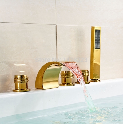 golden led luxury waterfall spout 5pcs bathtub faucet deck mounted with handshower bathroom tub mixer taps