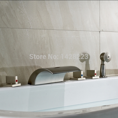 luxury brushed nickel waterfall spout 5pcs bathtub faucet with handheld shower deck mounted