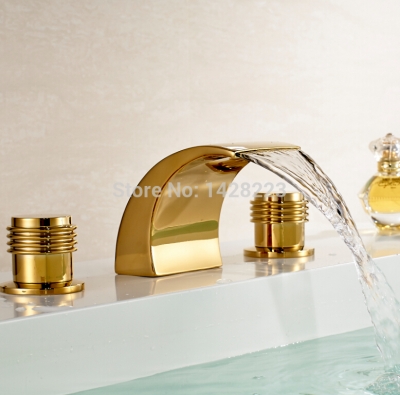 luxury deck mounted widespread bathroom sink mixer taps dual handles waterfall basin faucet 3 holes [golden-3220]