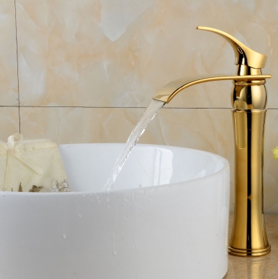 luxury gold faucets single handle basin sink mixer bathroom tall faucet torneiras para pia de banheiro [led-waterfall-faucet-6215]
