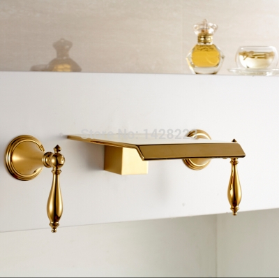 luxury wall mounted dual handles bathroom sink mixer taps golden waterfall spout basin faucet three holes [golden-3225]