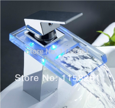 new waterfall 3 colors led no need battery bathroom basin mixer tap sink glass chrome brass deck mounted faucet wf-6071
