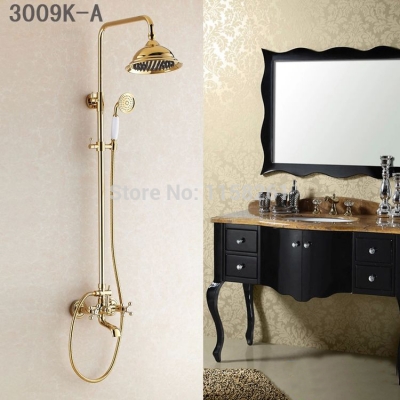 promotion luxury wall mounted golden finish shower faucet set rain shower tub mixer tap hj-3009k-a [gold-finish-shower-set-3169]