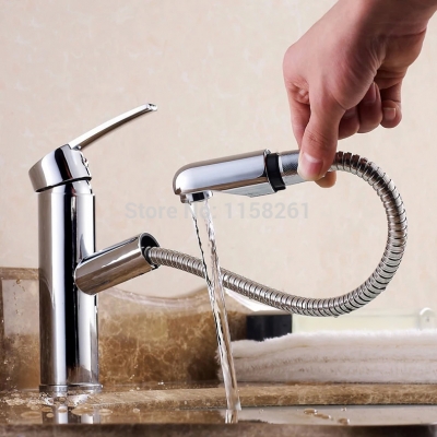 pull out down spout spray head full brass bathroom basin faucet tap chrome finished mixer lavabo torneira banheiro 9017
