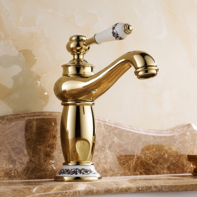 soild brass gold finish bathroom faucet golden teapot bend spout ceramic handle water tap torneira para banheiro [gold-faucet-3147]