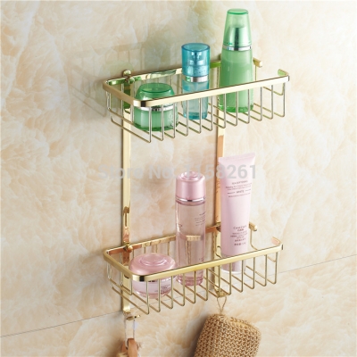 two layer bathroom rack space gold brass towel washing shower basket bar shelf /bathroom accessories kh-1061 [bathroom-shelf-905]