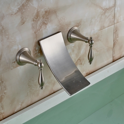 wall mount waterfall spout bathroom sink faucet tap dual handles basin mixers nickel brushed [brushed-nickel-1156]