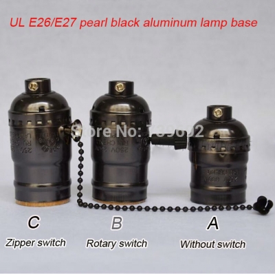 4pcs/lot pearl black vintage aluminum lamp base knob/zipper/no switch e26/e27screw-mount aluminum lamp holder, ship