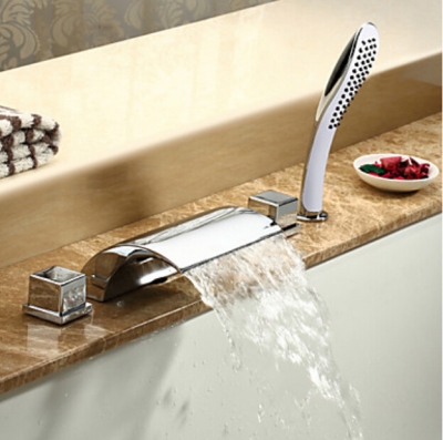 deck mount 5pcs waterfall brass bathtub tub shower faucet three handles with handheld tub mixer taps chrome finish
