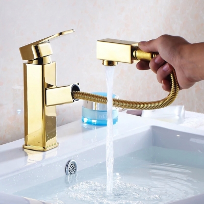 deck mounted golden finish pull out kitchen & bathroom faucet basin mixer tap 9016 [golden-bathroom-faucet-3395]