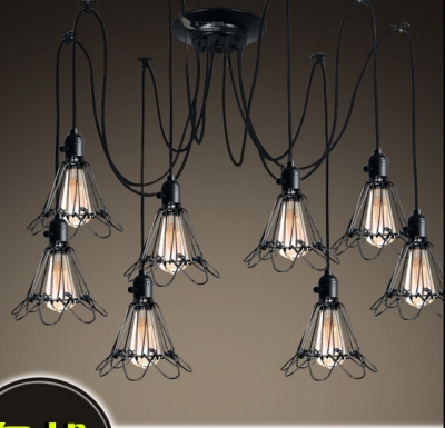 industrial vintage spider chanderlier with small iron cages 1/6/8 heads pendant lights lamps/e27 lamp bases black