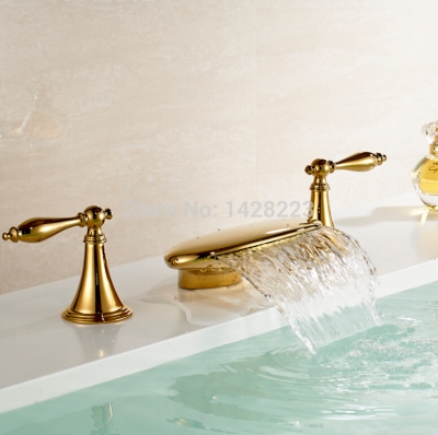 new design deck mounted waterfall bathroom basin mixer taps dual handles washbasin faucet gold-plate