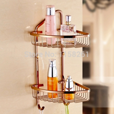rose golden brass bathroom accessory bathroom shelf dual tier with hook shower bracket triangle basket 0g-2021e [bathroom-shelf-929]