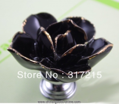 5pcs hand made ceramic black rose knob with silver chrome base flower knob cabinet pull kitchen cupboard kids drawer knobs mg-18 [Door knobs|pulls-1534]