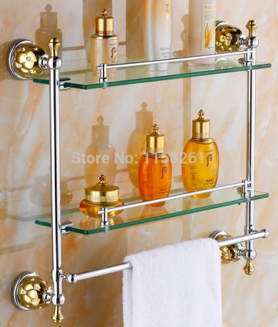 bathroom accessories solid brass chrome+gold finish with tempered glass,double glass shelf bathroom shelf 5416 [bathroom-shelf-911]