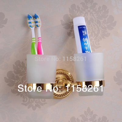 bathroom furniture luxury european style golden copper toothbrush tumber&cup holder with 2cups wall mount bath product hj-1303k [cup-holder-2669]
