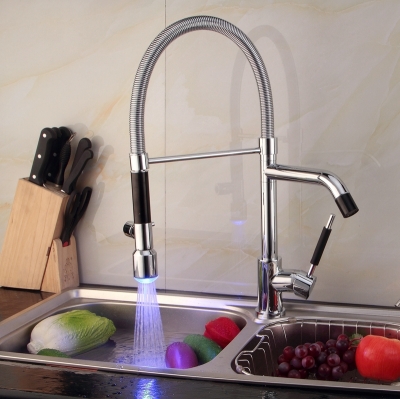 deck mounted chrome finish led kitchen faucet pull down torneiras with two spray single handle water tap torneira cozinha