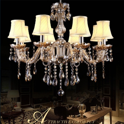 modern simple cognac led chandelier european luxury candle k9 crystal chandelier with fabric lampshade mq1605