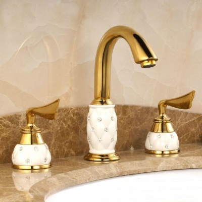 new design 3pcs golden finish brass ceramic bathroom basin sink mixer tap faucet banheiro torneira m-63 [3-pcs-basin-faucet-108]