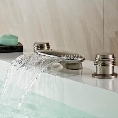 nickel brushed waterfall spout deck mounted dual handles bathroom basin sink faucet [brushed-nickel-1140]