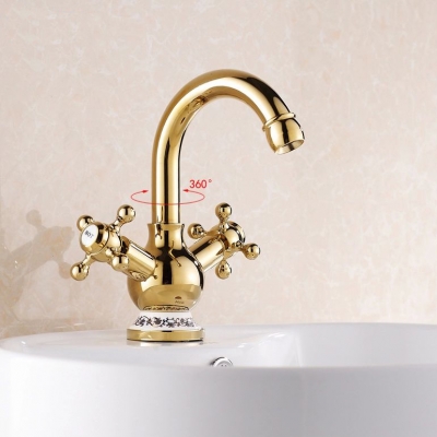 solid gold faucet, gold plated purified water basin faucet,deck mounted double lever wash faucet 829k [golden-bathroom-faucet-3359]