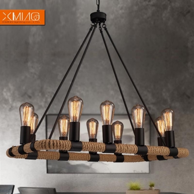 vintage lamp pendant lights with hemp rope 10 holder e27 for dining room lamp black iron material deco loft retro lamp [vintage-pendant-lights-5002]