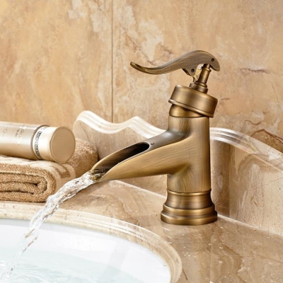 whole and retail single handle waterfall bathroom basin sink faucet antique brass vanity mixer tap 630a