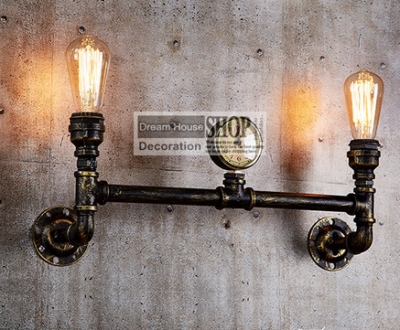 aged steel pipe lighting industrial water pipe lamps black or brass finished 110v/220v e27 2-arm iron edison chandelier [pipe-lamps-7253]