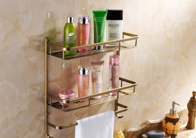 bathroom antique brass shelf rectangle double layer multifunction storage shelves with towel bar and hook [tumble-amp-soap-holder-8539]