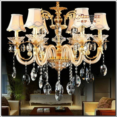 european golden crystal chandelier with 6 glass arms cristal lustres for living room with fabric lampshades md88006 [crystal-chandelier-glass-2137]