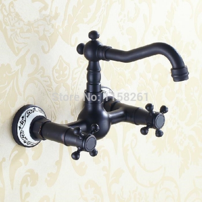 kitchen mixer tap double cross handles wall mounted bridge kitchen faucet in black sy-054r [black-finish-kichen-faucet-1101]