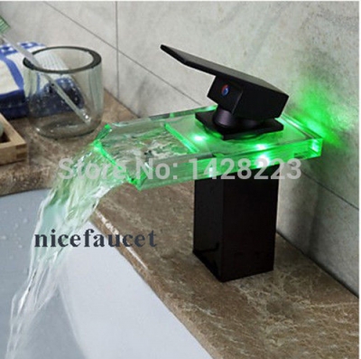 luxury 3 color changing led waterfall glass spout basin sink faucet oil rubbed bronze single handle bathroom basin faucet